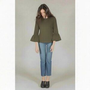GANNI Clark Bell Sleeve Top in Olive Green Size 10
